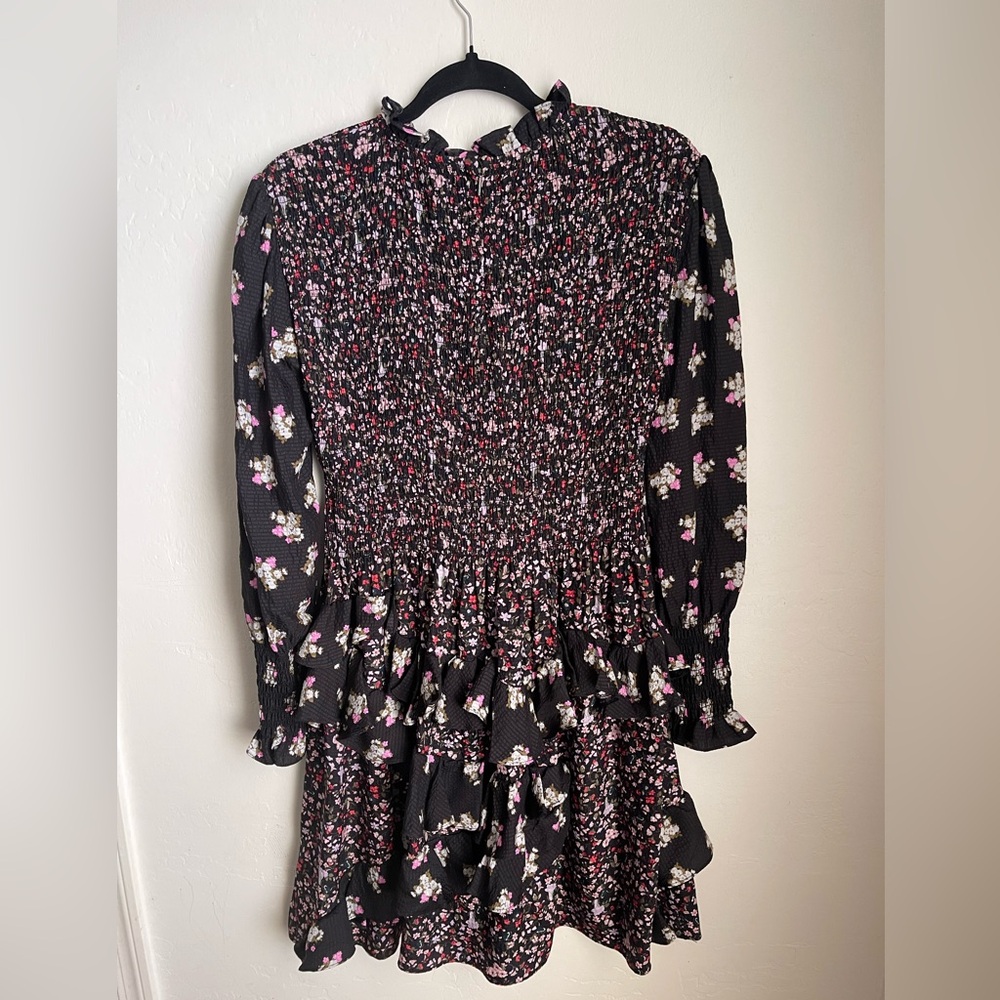 Rebecca Taylor Black Floral Smocked Long-Sleeve Dress